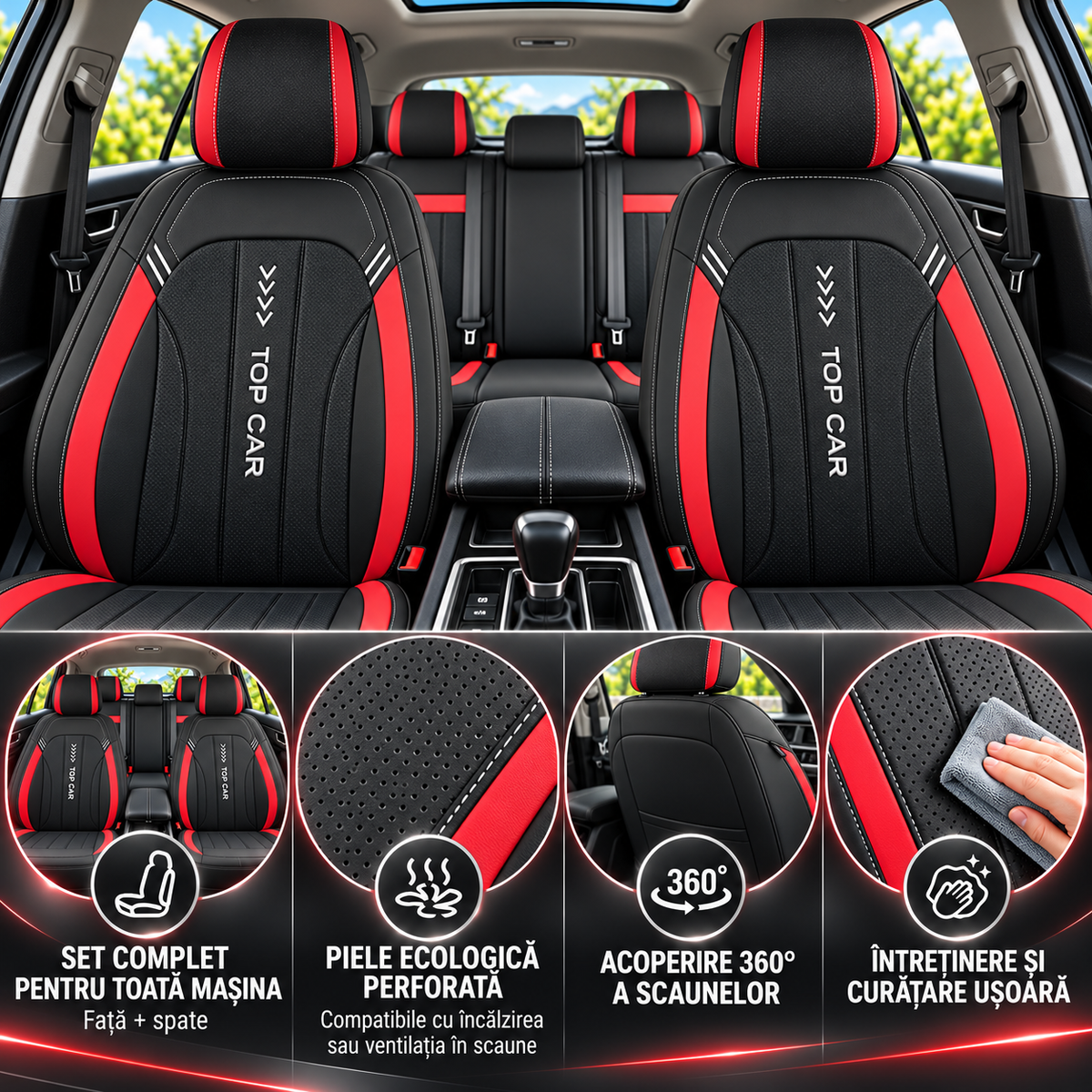 Detalii material huse auto din piele negru rosu