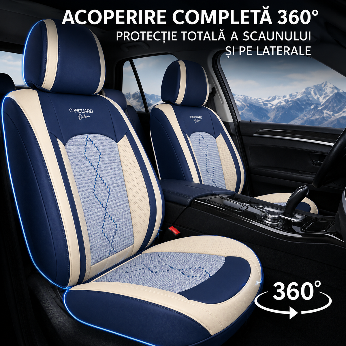 Huse auto universale din textil și piele ecologică albastru-alb