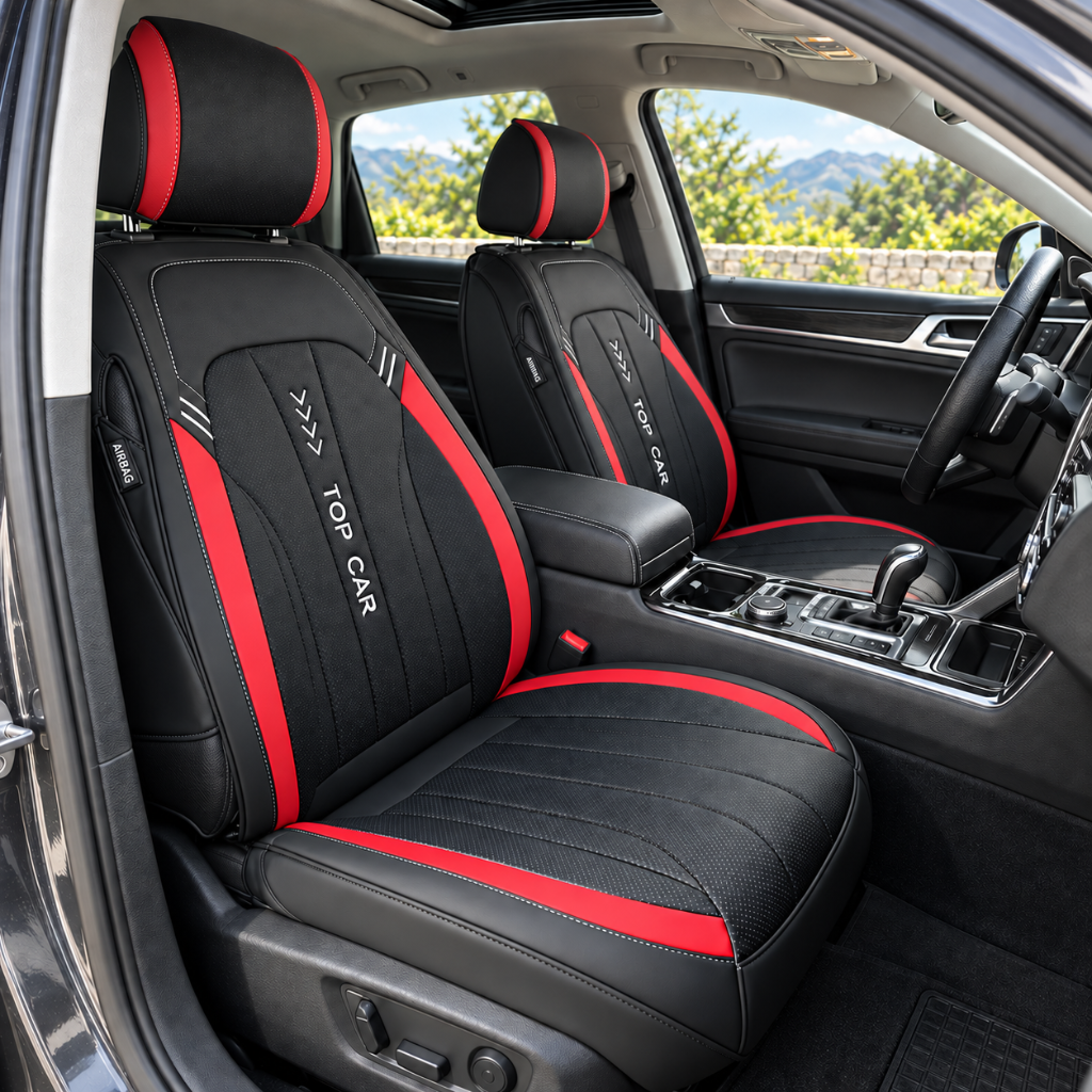 set huse auto lux piele negru rosu