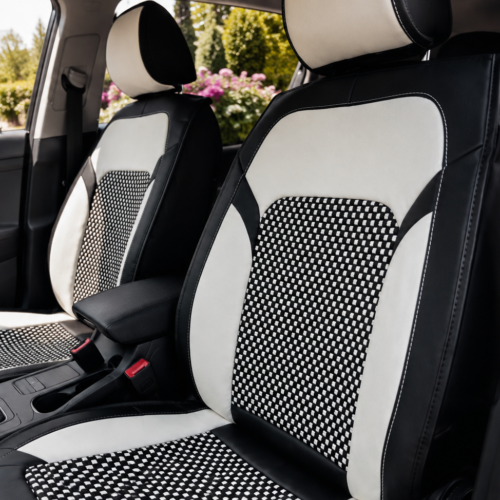 Huse pentru scaune auto din textil și piele Nappa alb-negru