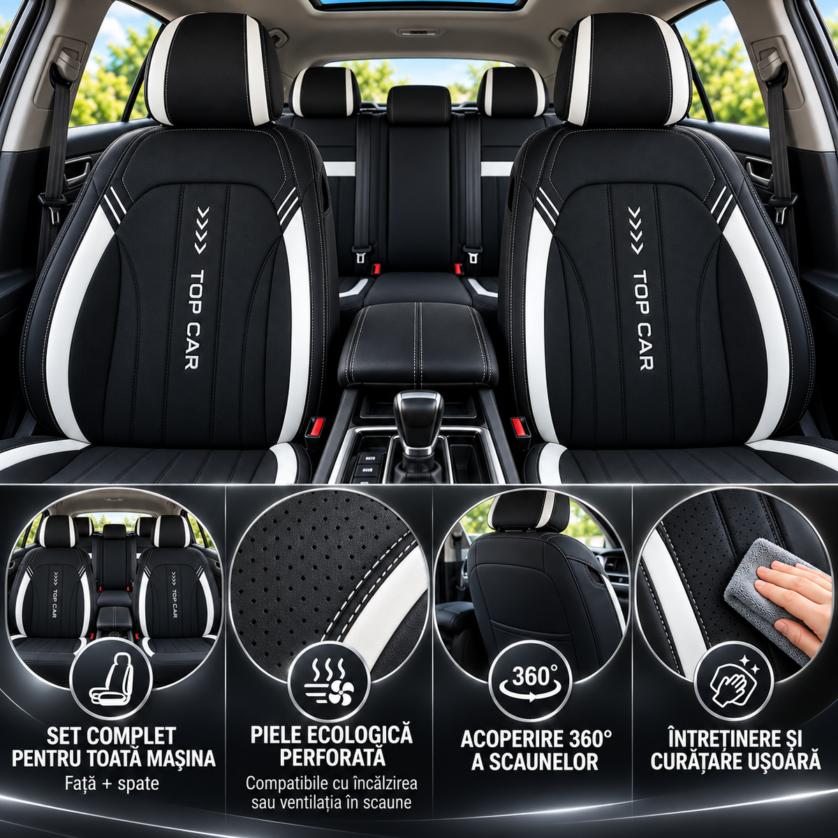 Set de huse auto din piele alb cu negru